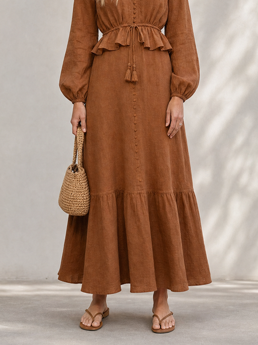 Trendé™ | Silvana Leinenmix-Maxikleid mit V-Ausschnitt und Volants
