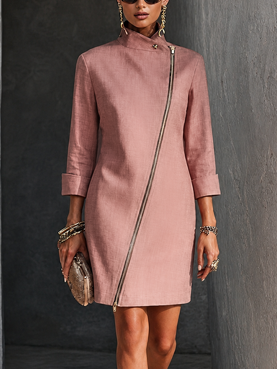 Trendé™ | Zora Baumwoll-Leinen-Minikleid mit Stehkragen und asymmetrischem Schnitt