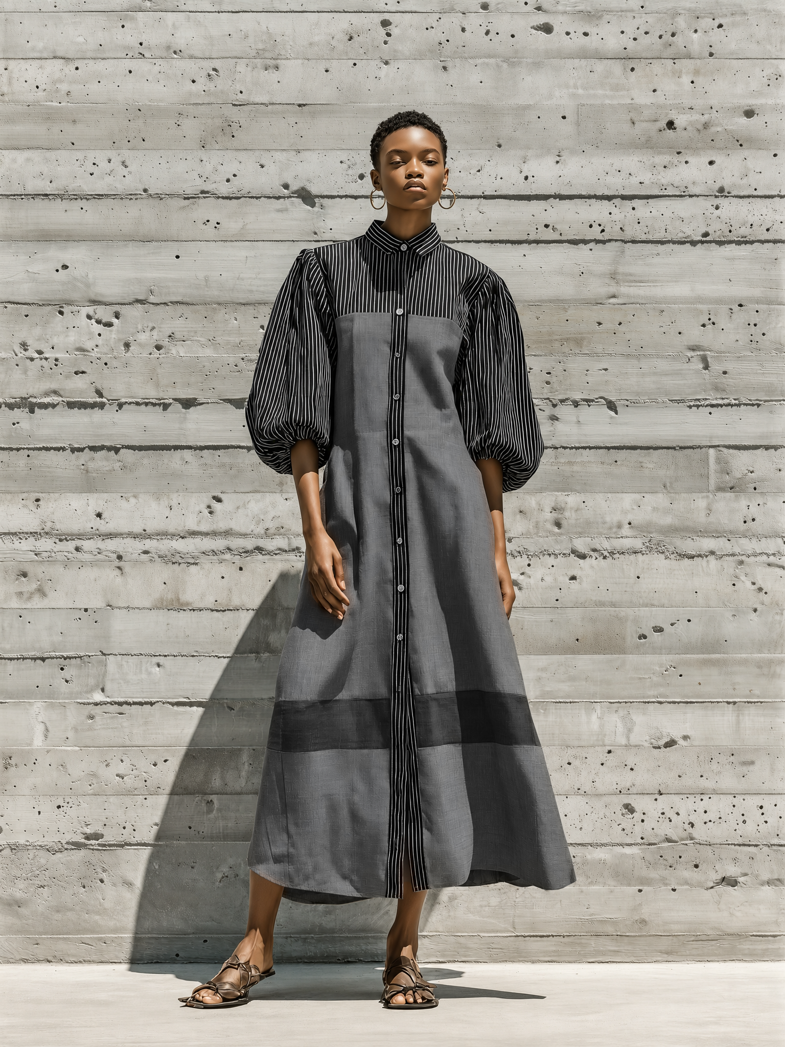 Trendé™ | Mirella Baumwoll-Leinen-Hemdkleid mit Kragen und Puffärmeln