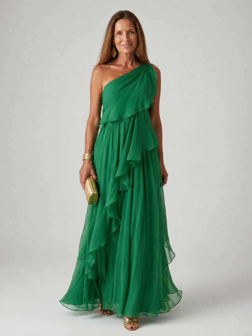 Trendé™ | Donatella Grünes Maxikleid mit One-Shoulder-Design