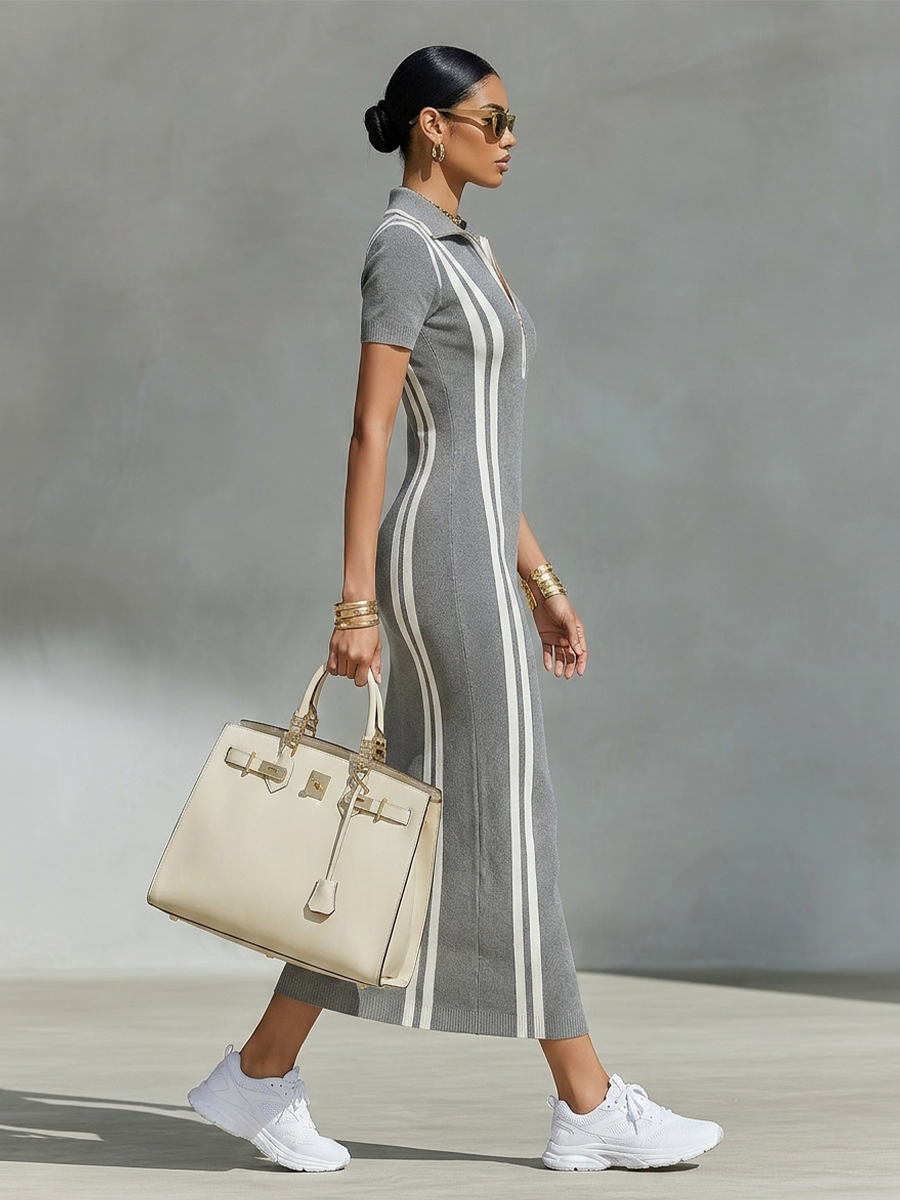 Trendé™ | Amara Strick-Maxikleid mit Polokragen und Streifenmuster