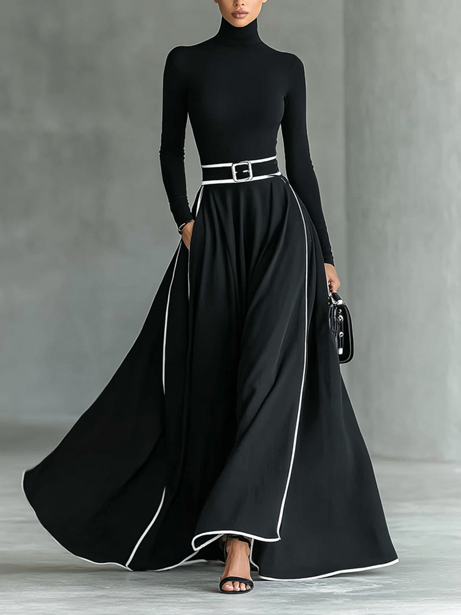 Trendé™ | Mara Maxikleid mit langen Ärmeln und Kontrastbesatz