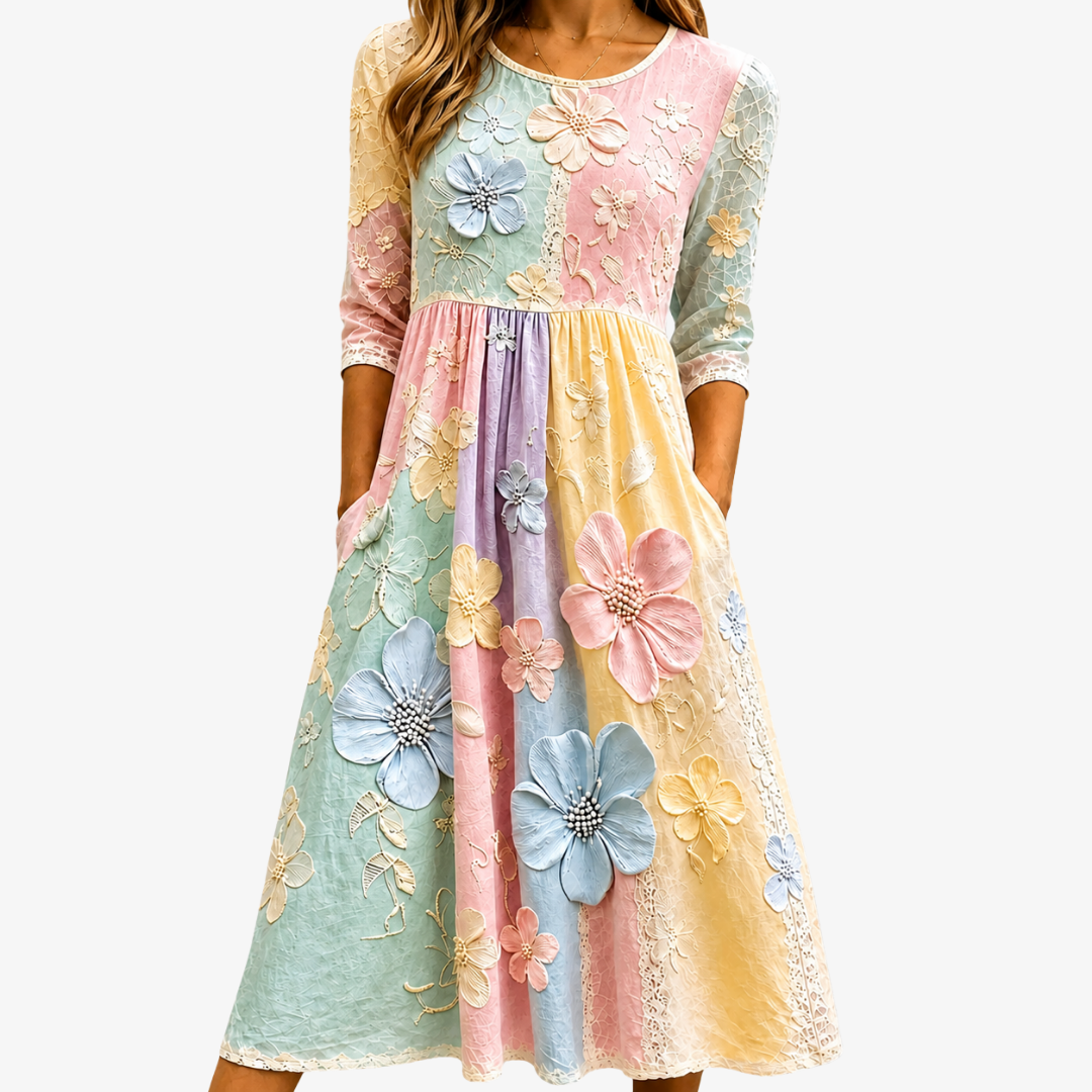 Trendé™ | Pastel Bloom Midi-Kleid mit Pastellblumen und Taschen