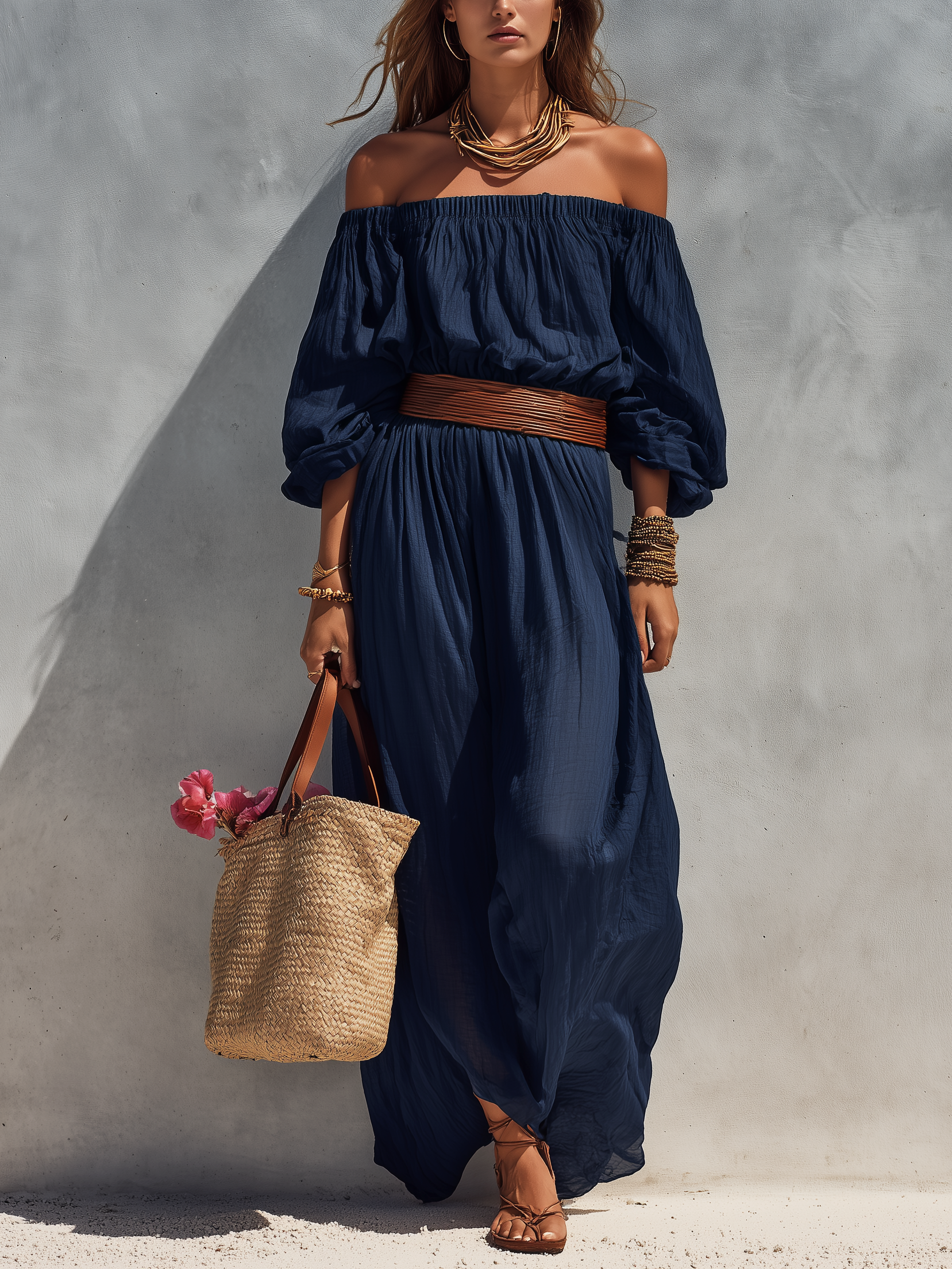 Trendé™ | Viana Baumwoll-Leinen-Kleid mit schulterfreiem Schnitt und langen Ärmeln