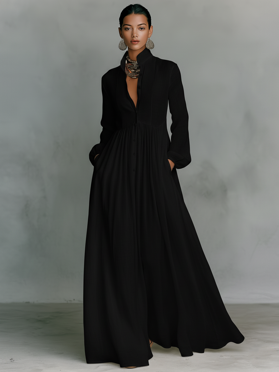 Trendé™ | Ariella Baumwoll-Leinen-Maxikleid mit langen Ärmeln und Knopfleiste