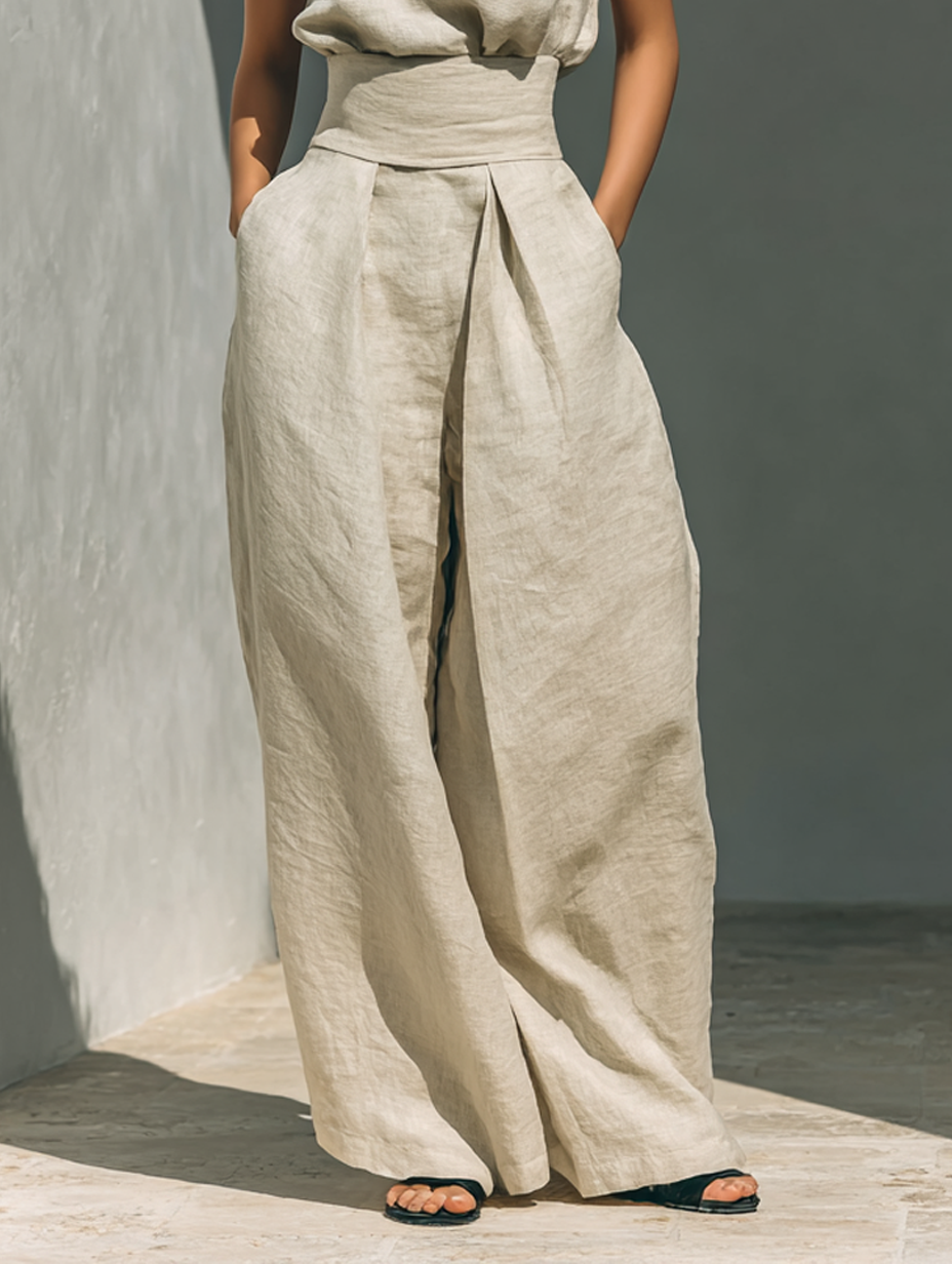 Trendé™ | Set aus ärmelloser Bluse und Hose mit weitem Bein aus einer Baumwoll- und Leinenmischung
