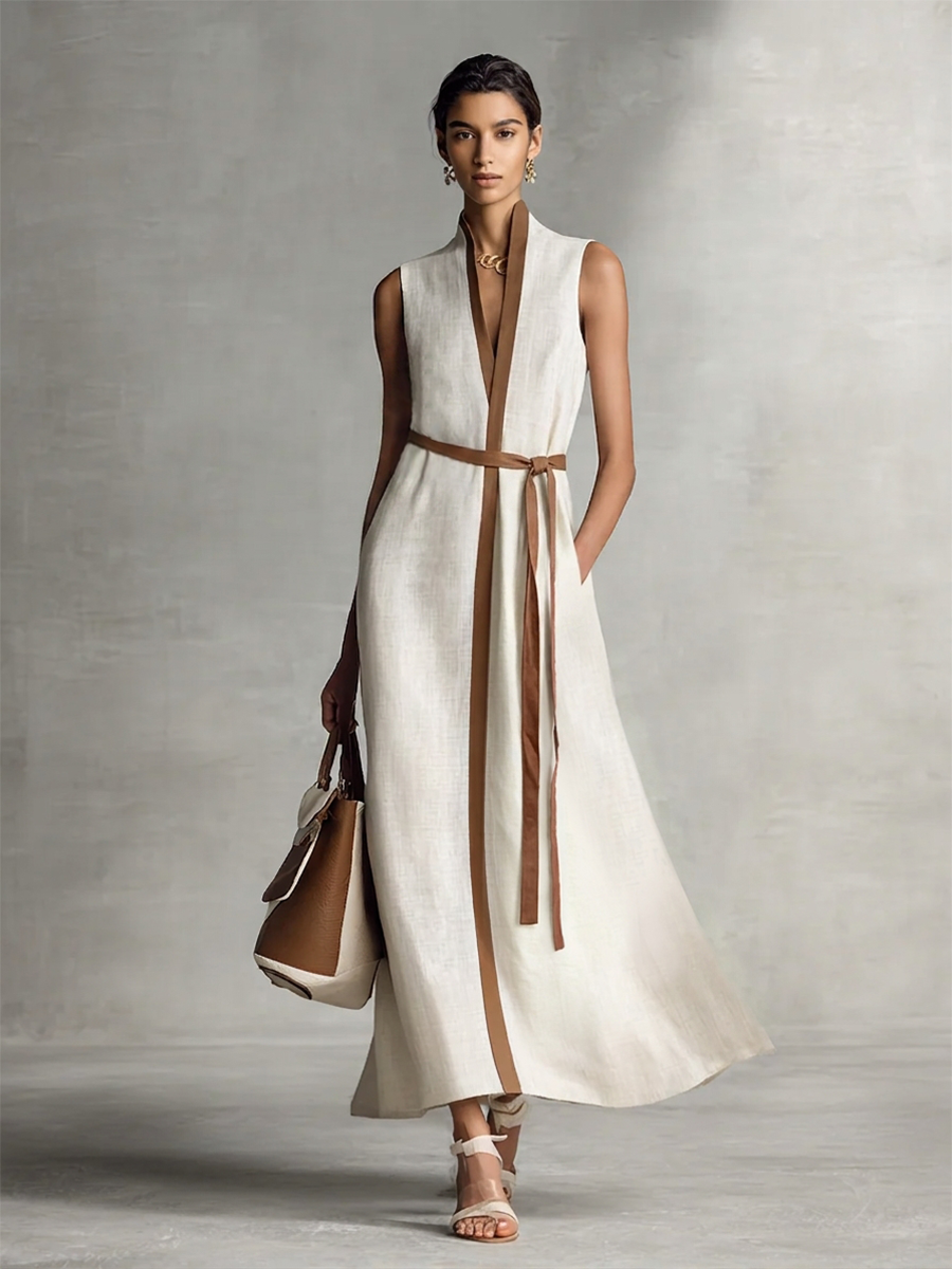 Trendé™ | Isla Baumwoll-Leinen-Maxikleid mit V-Ausschnitt und ärmellosem Schnitt