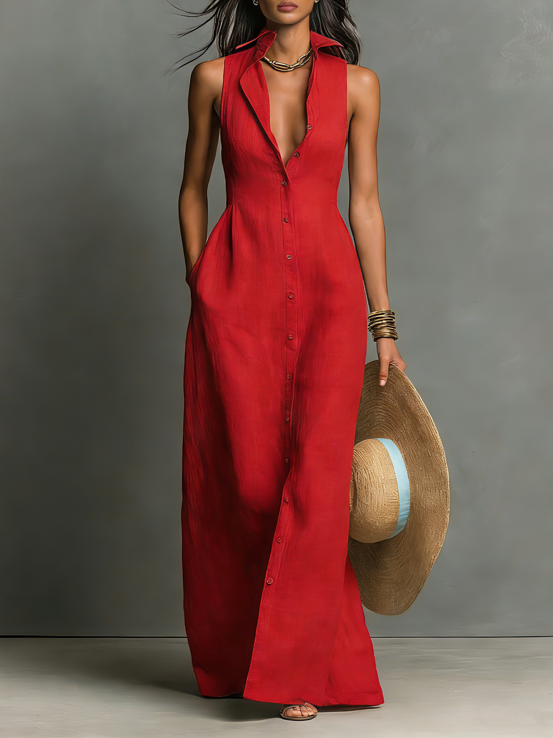 Minimalistisches einreihiges ärmelloses Maxi-Hemdkleid mit Kragen