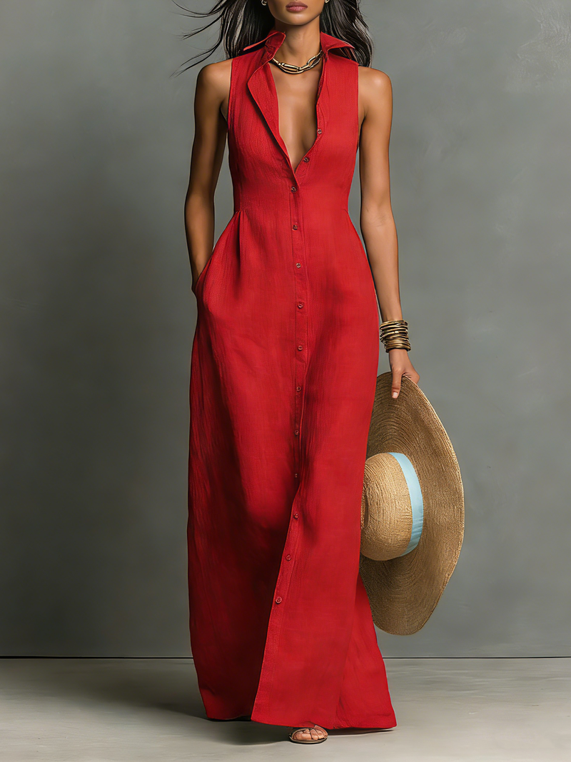 Minimalistisches einreihiges ärmelloses Maxi-Hemdkleid mit Kragen
