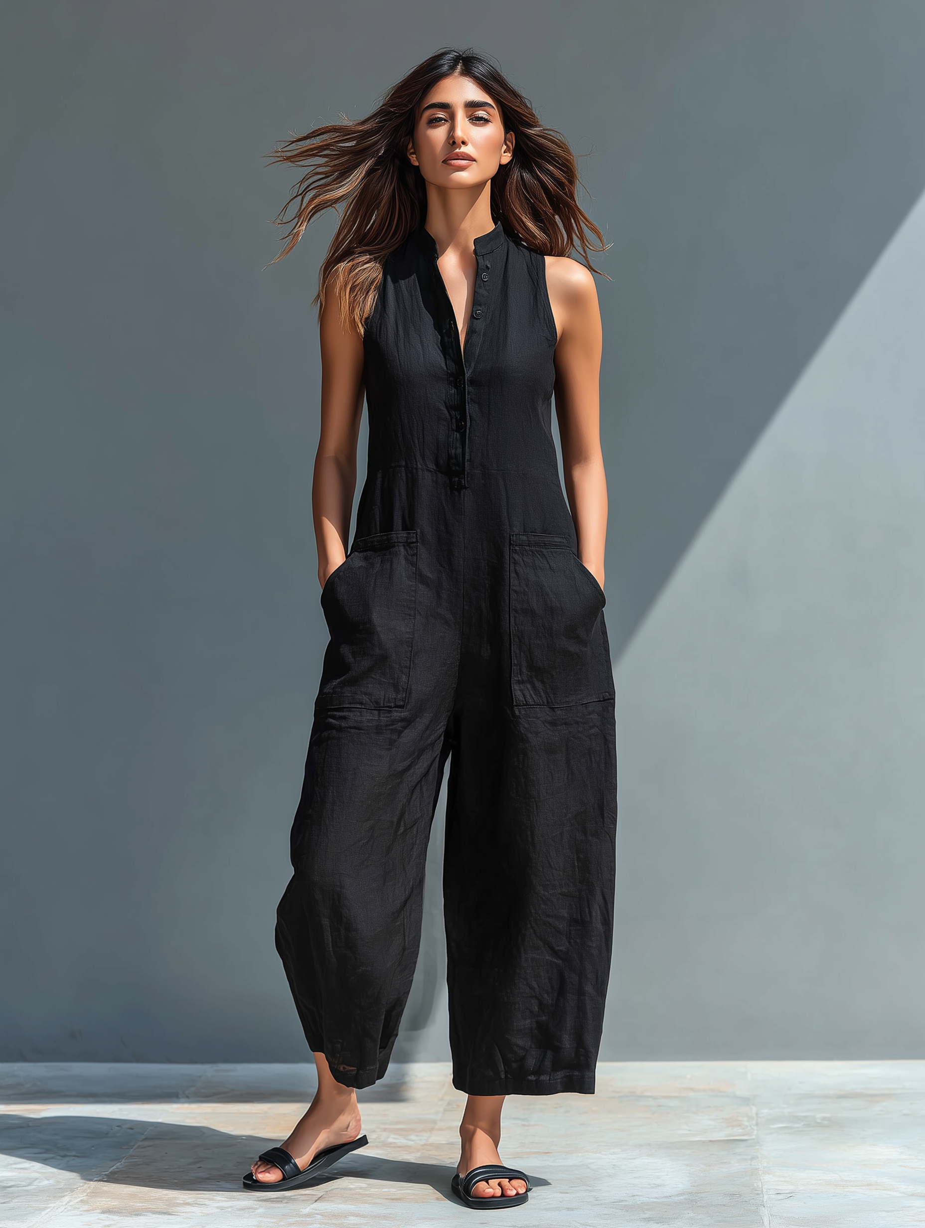Trendé™ | Livia Ärmelloser Jumpsuit mit hohem Kragen und Knöpfen