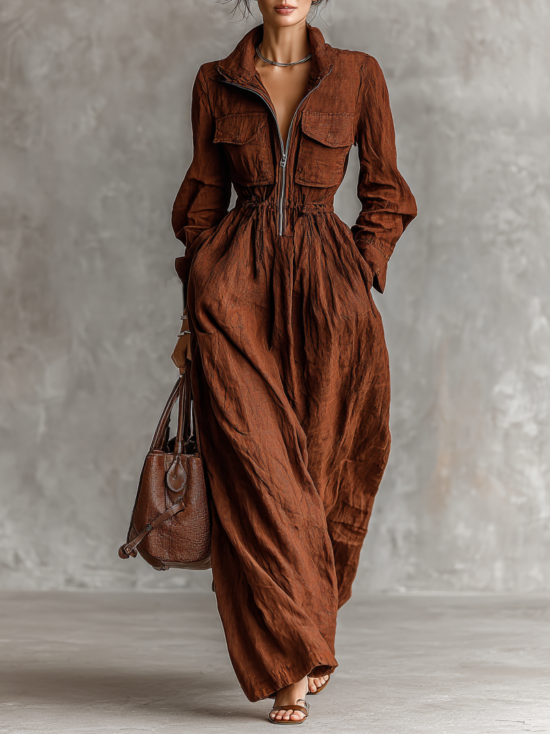 Trendé™ | Elea Baumwoll-Leinen-Maxikleid mit Reissverschluss und elastischer Taille