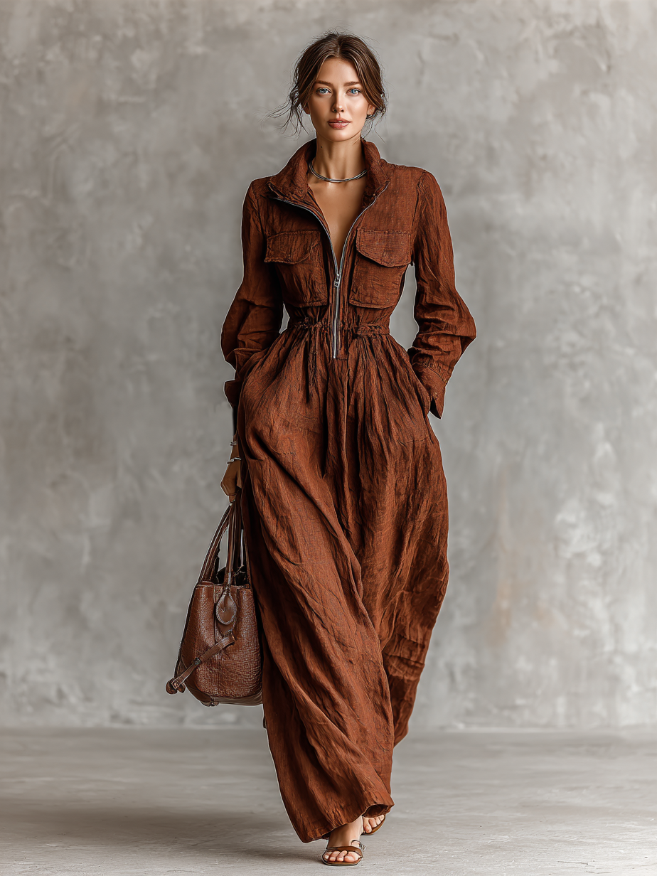 Trendé™ | Elea Baumwoll-Leinen-Maxikleid mit Reissverschluss und elastischer Taille