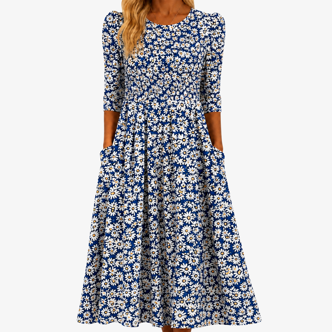 Trendé™ | Blue Daisy Maxikleid mit Gänseblümchen und Taschen