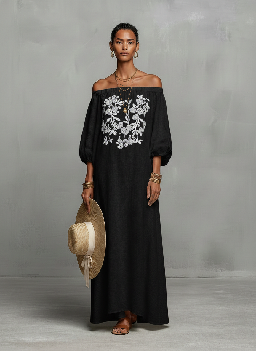 Trendé™ | Selina Maxikleid mit Off-Shoulder-Schnitt und Stickerei