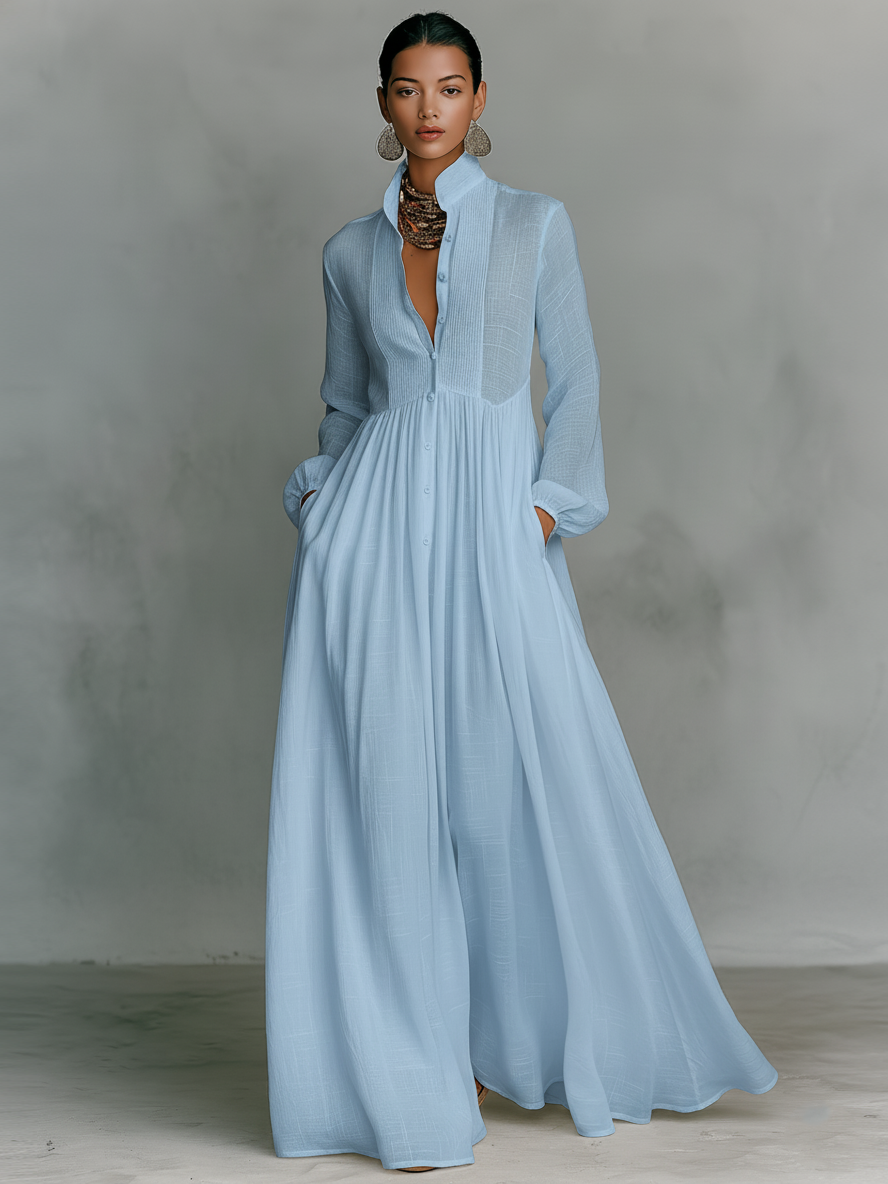Trendé™ | Ariella Baumwoll-Leinen-Maxikleid mit langen Ärmeln und Knopfleiste