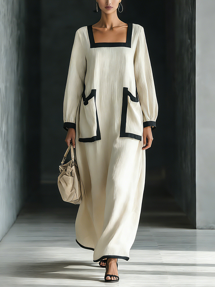 Trendé™ | Rania Baumwoll-Leinen-Maxikleid mit Taschen und Kontrastbesatz