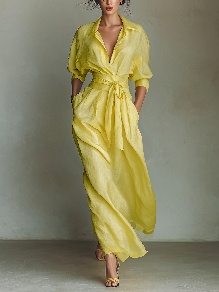Trendé™ | Lana Baumwoll-Leinen-Hemdkleid mit Taillenband und betonter Taille
