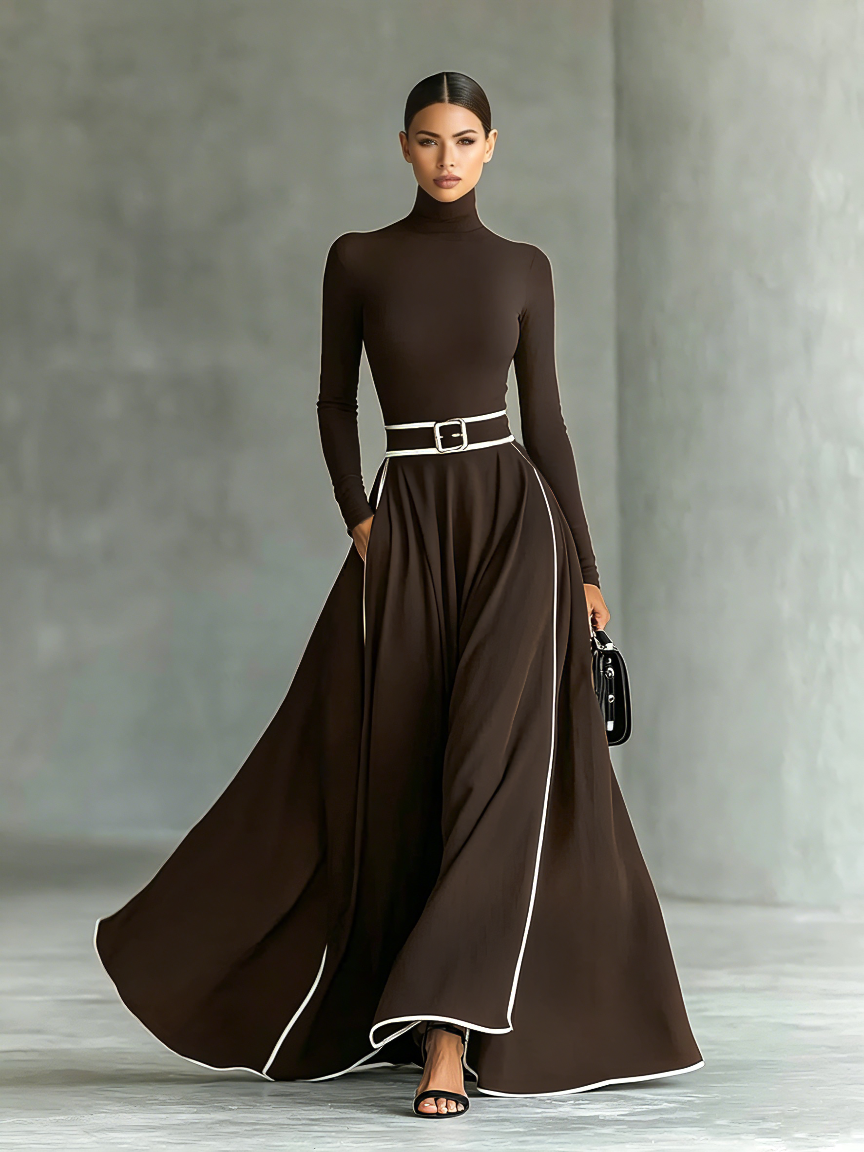 Trendé™ | Mara Maxikleid mit langen Ärmeln und Kontrastbesatz