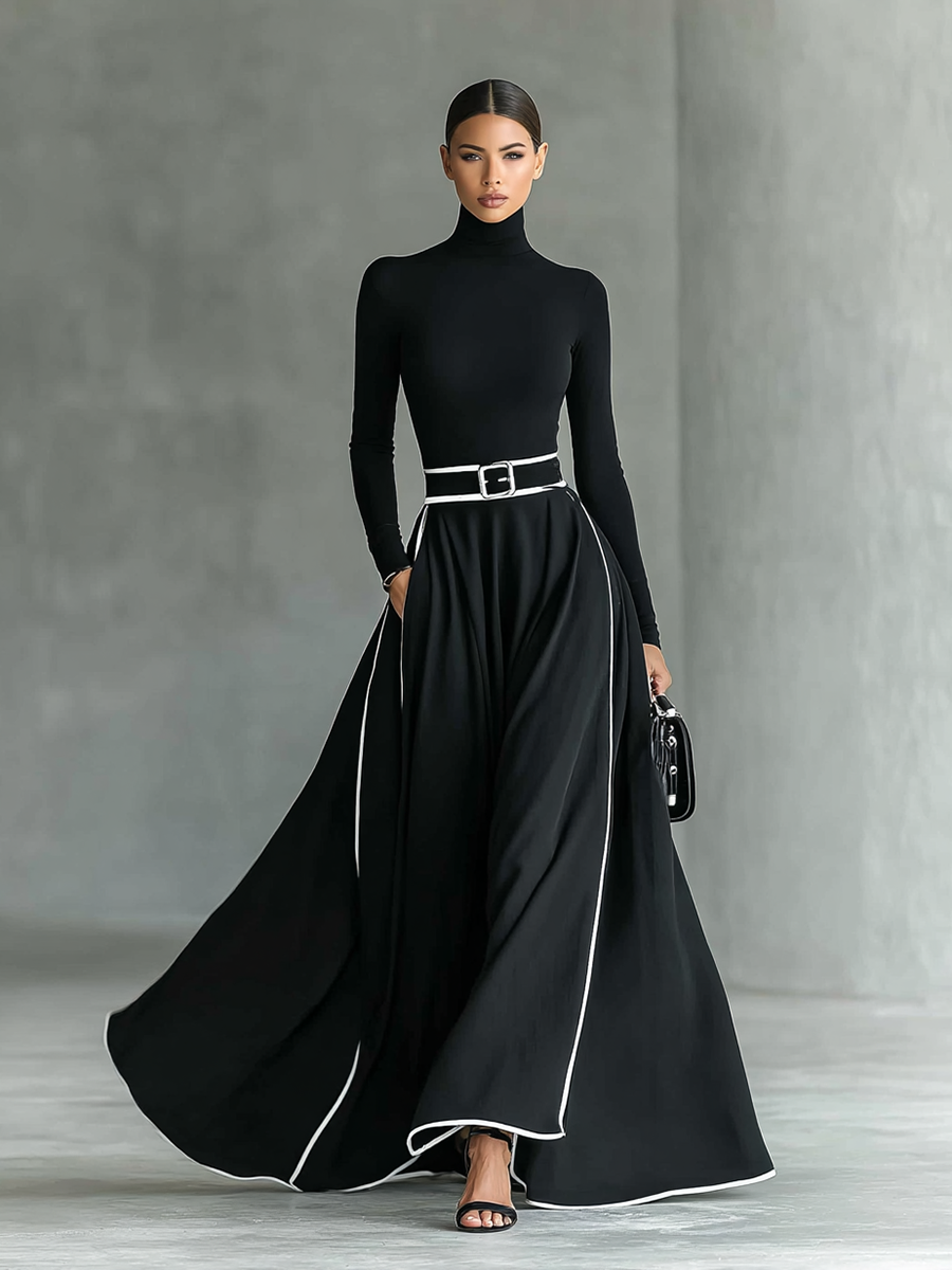 Trendé™ | Mara Maxikleid mit langen Ärmeln und Kontrastbesatz