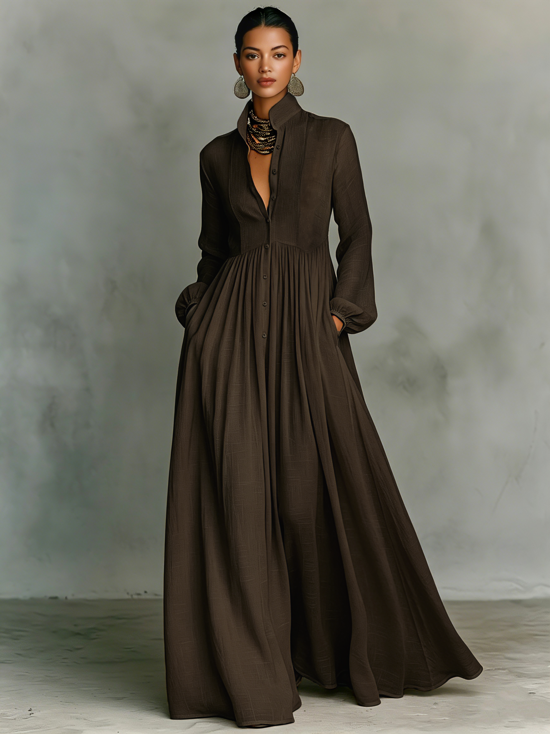 Trendé™ | Ariella Baumwoll-Leinen-Maxikleid mit langen Ärmeln und Knopfleiste