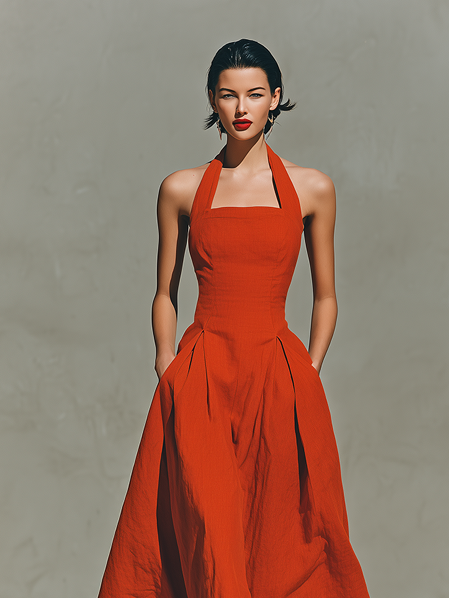 Trendé™ | Bellina Leinenmix-Maxikleid mit Neckholder-Ausschnitt und Plisseefalten