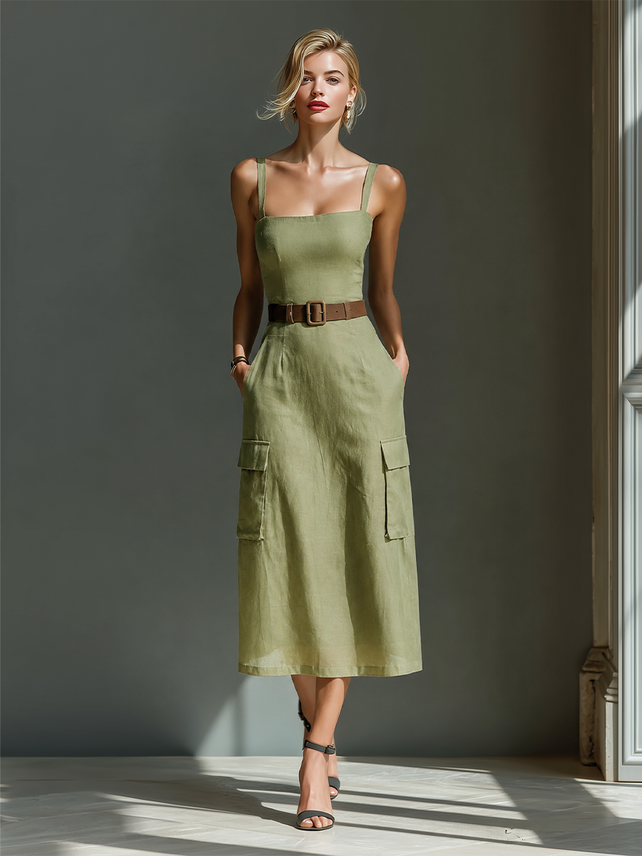 Trendé™ | Olivia Leinenmix-Midikleid mit ärmellosem Schnitt und Gürtel