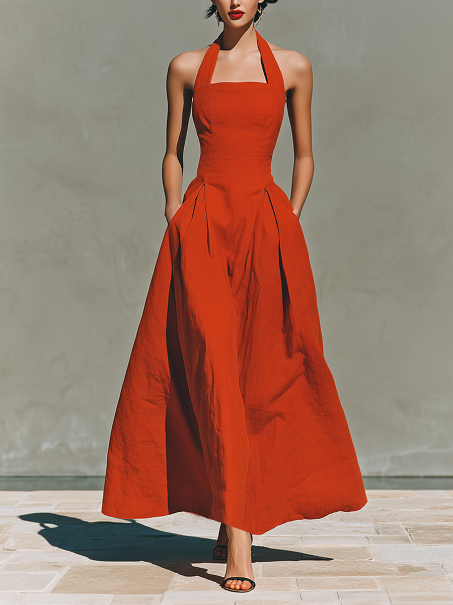 Trendé™ | Bellina Leinenmix-Maxikleid mit Neckholder-Ausschnitt und Plisseefalten