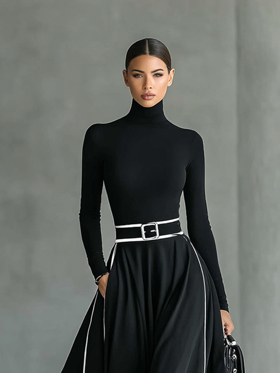 Trendé™ | Mara Maxikleid mit langen Ärmeln und Kontrastbesatz