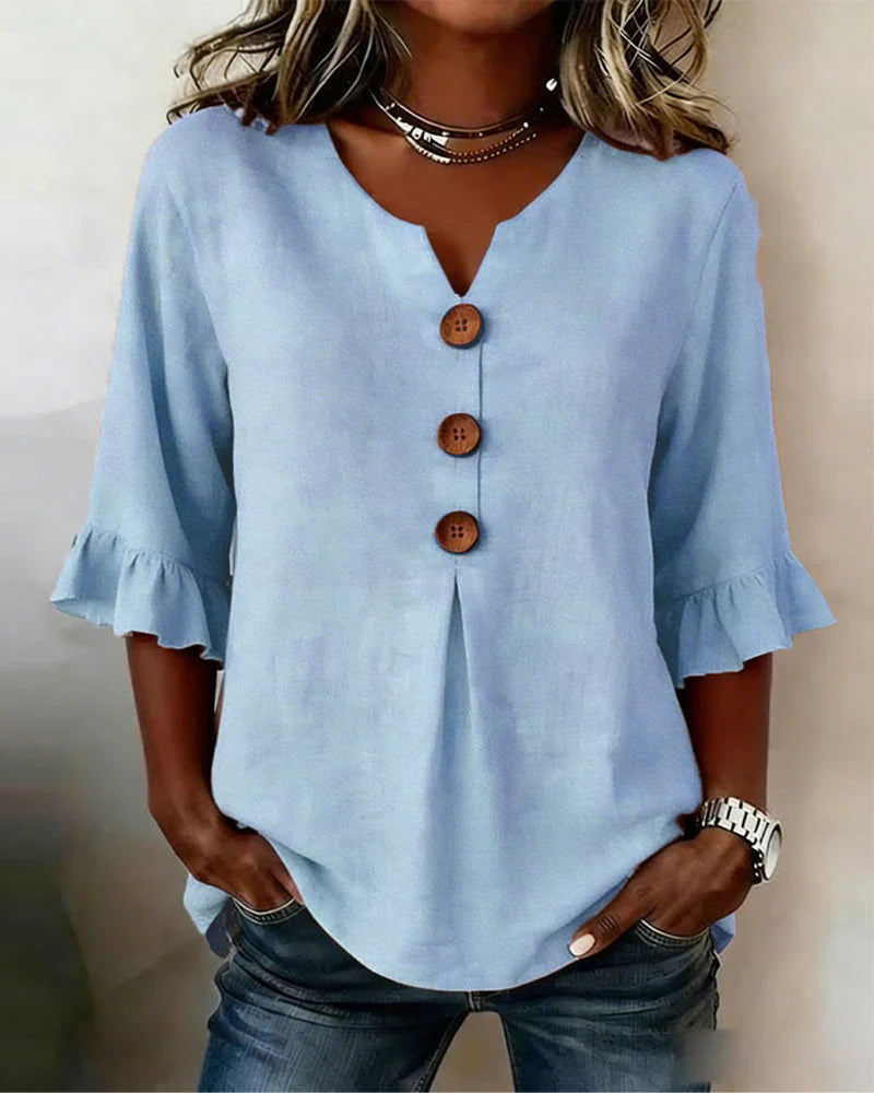 Sophia | Uni-Bluse mit Holzknöpfen und Rüschendetails