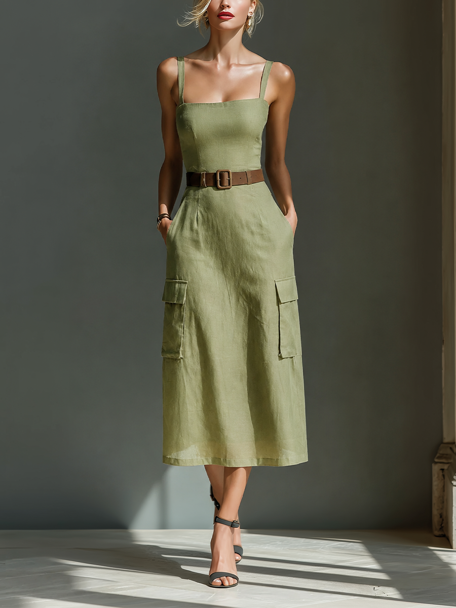 Trendé™ | Olivia Leinenmix-Midikleid mit ärmellosem Schnitt und Gürtel