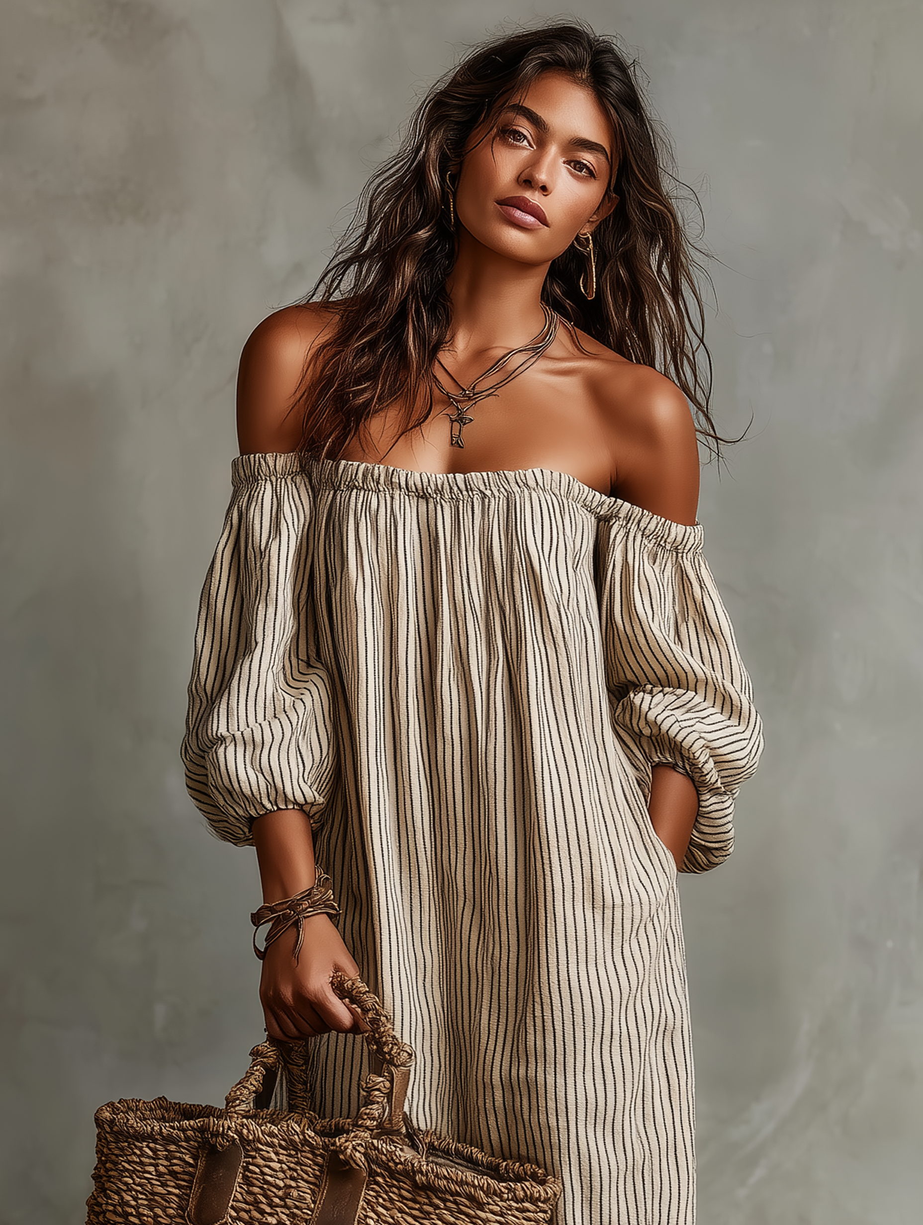 Trendé™ | Emilia Baumwoll-Leinen-Maxikleid mit Off-Shoulder-Schnitt und langen Ärmeln