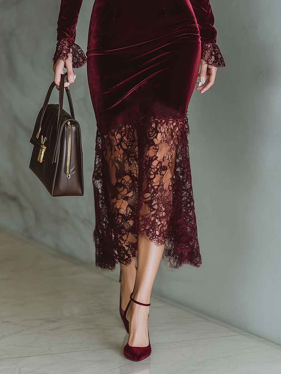 Trendé™ | Mathilda Velours-Maxikleid mit Spitzendetails und figurbetontem Schnitt