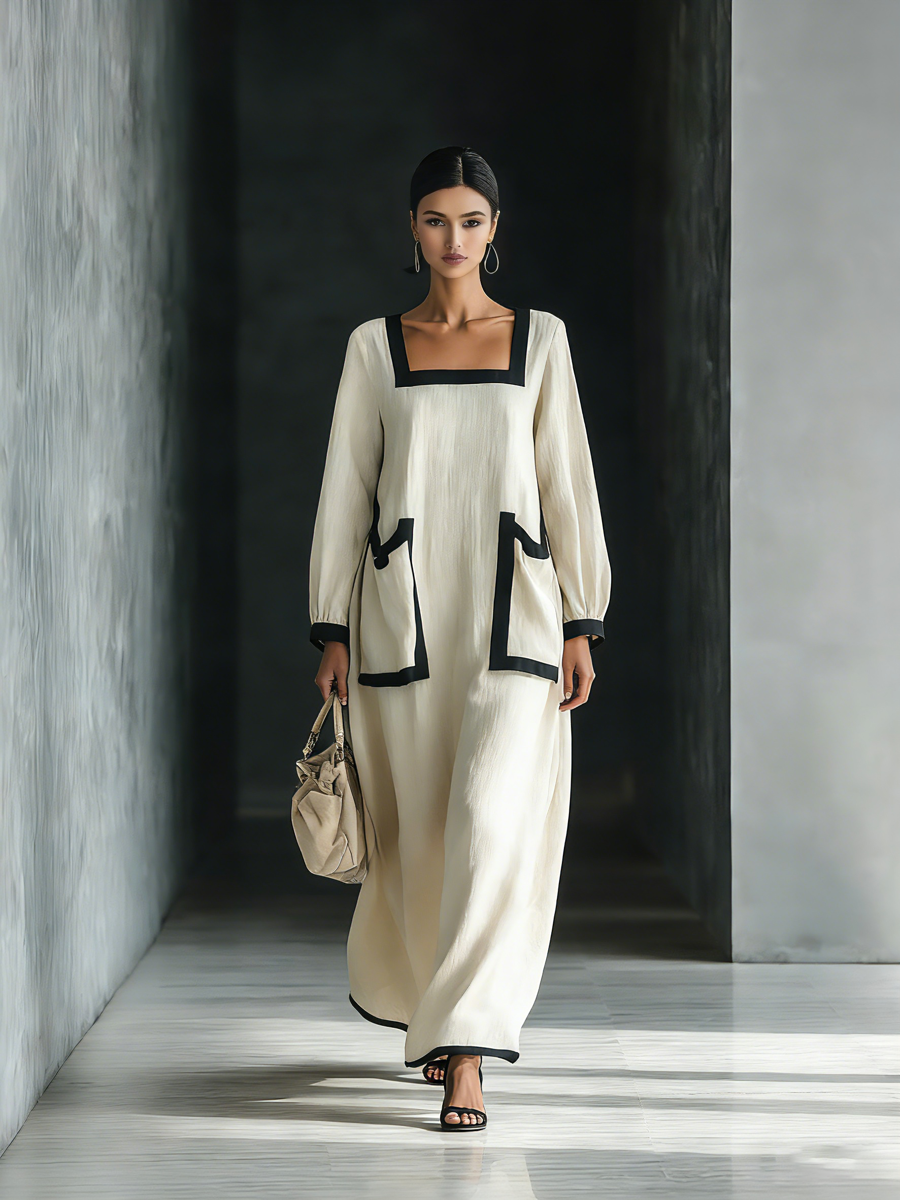 Trendé™ | Rania Baumwoll-Leinen-Maxikleid mit Taschen und Kontrastbesatz