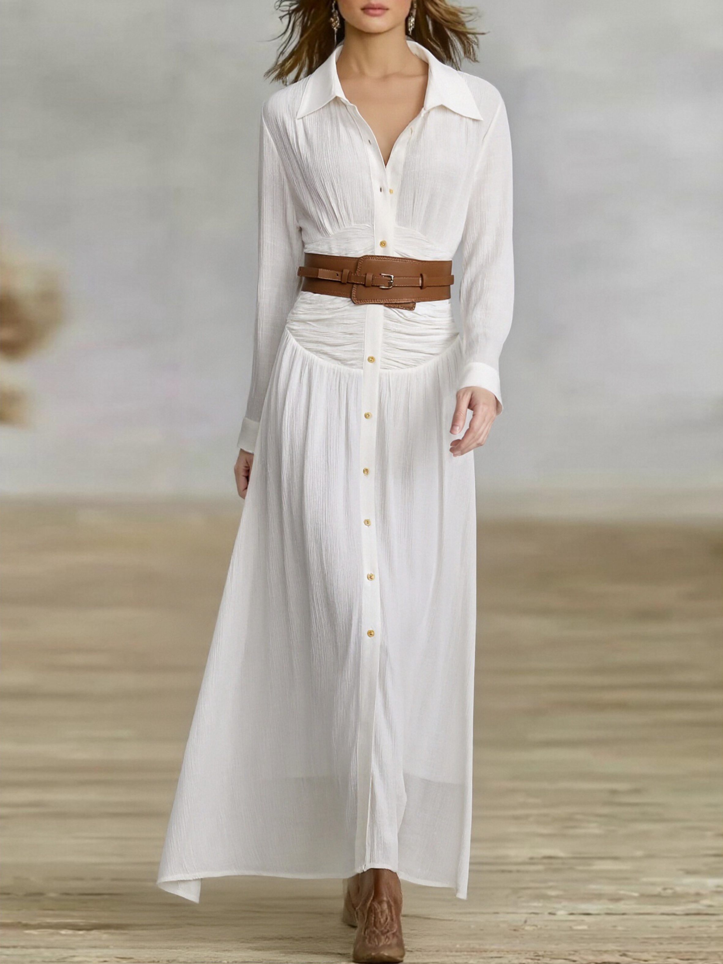 Trendé™ | Josefine Baumwoll-Leinen-Maxikleid mit langen Ärmeln und Plisseefalten
