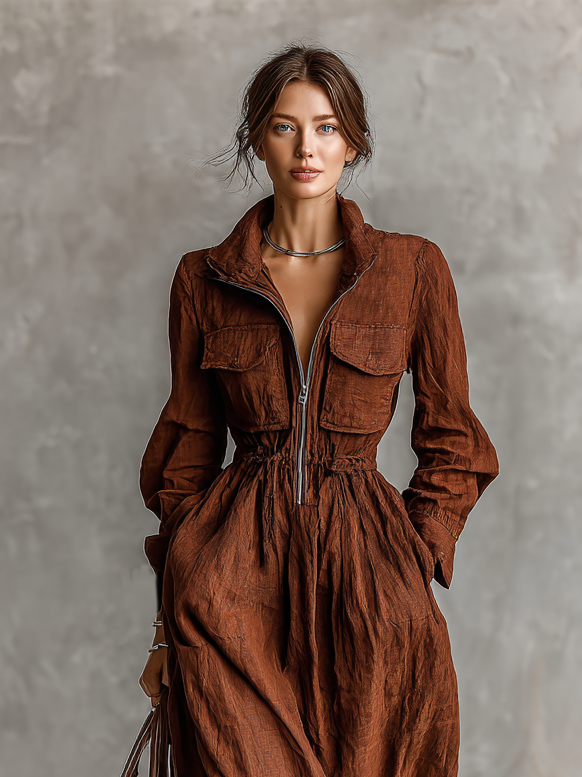 Trendé™ | Elea Baumwoll-Leinen-Maxikleid mit Reissverschluss und elastischer Taille