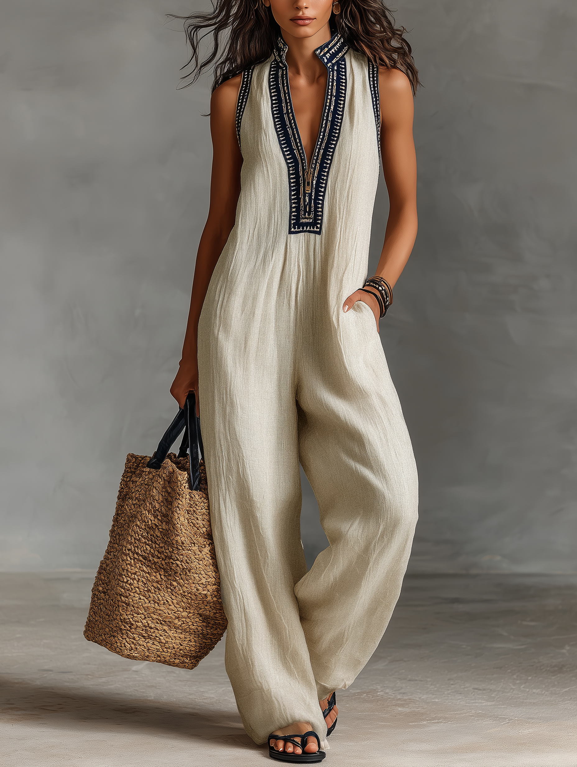Trendé™ | Mira Ärmelloser Leinen-Jumpsuit mit Reissverschluss