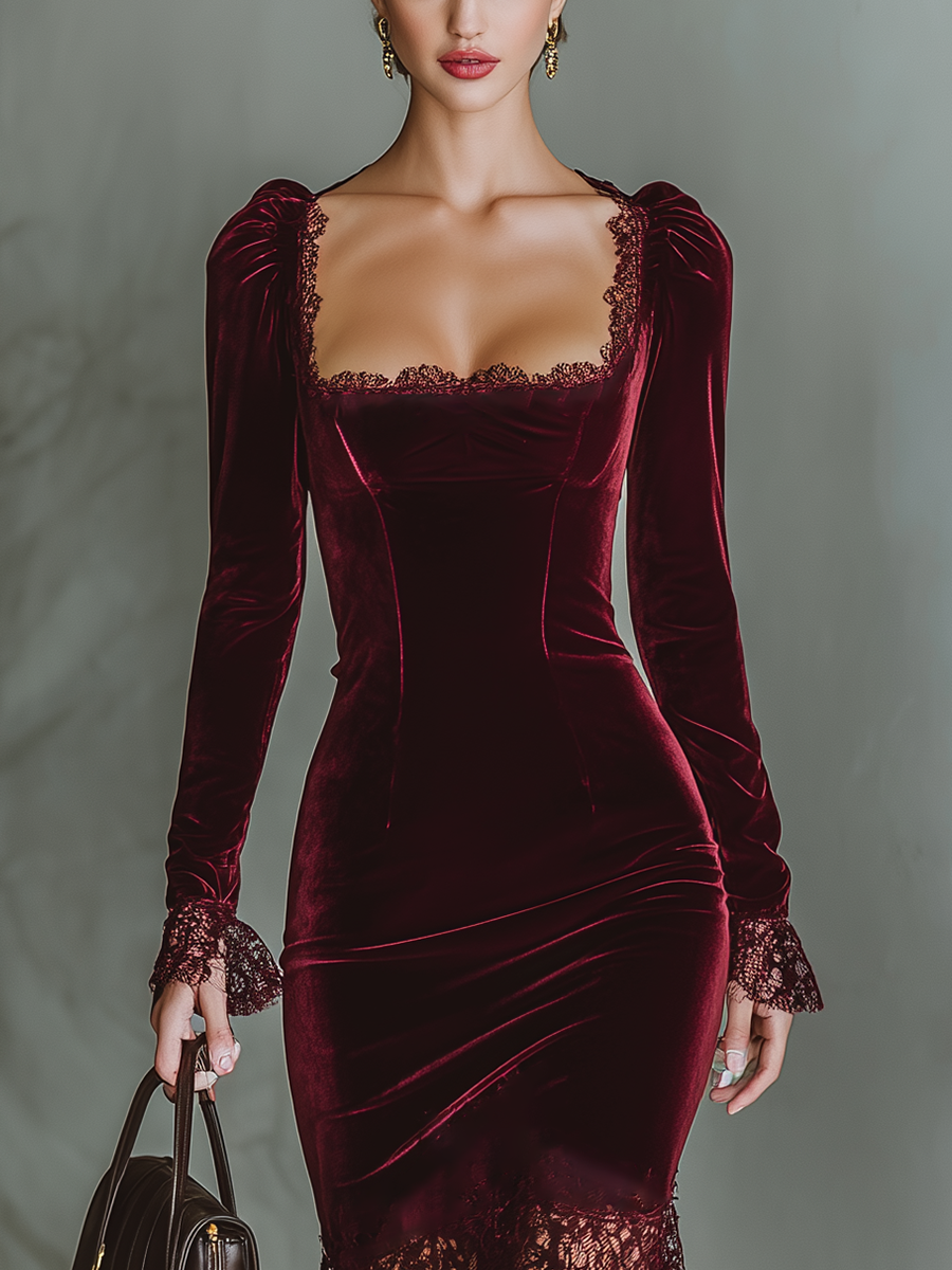 Trendé™ | Mathilda Velours-Maxikleid mit Spitzendetails und figurbetontem Schnitt