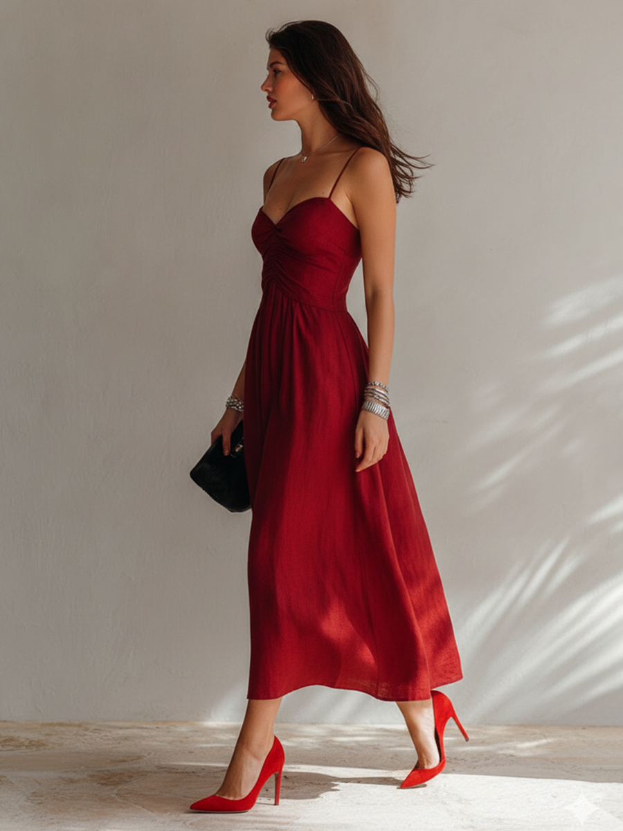Trendé™ | Winona Leinenmix-Midikleid mit Spaghettiträgern und Raffungen