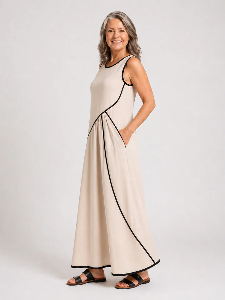 Soleia | Ärmelloses drapiertes Maxikleid mit Rundhalsausschnitt