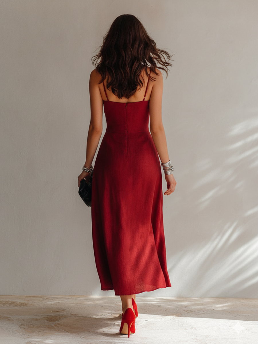 Trendé™ | Winona Leinenmix-Midikleid mit Spaghettiträgern und Raffungen