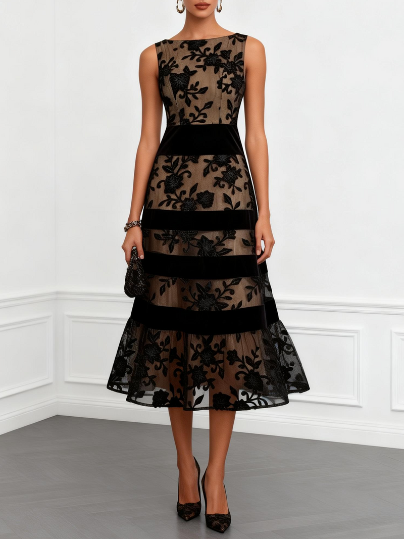 Schwarzes, ärmelloses A-Linien-Midi-Kleid aus Netzstoff mit Blumenmuster