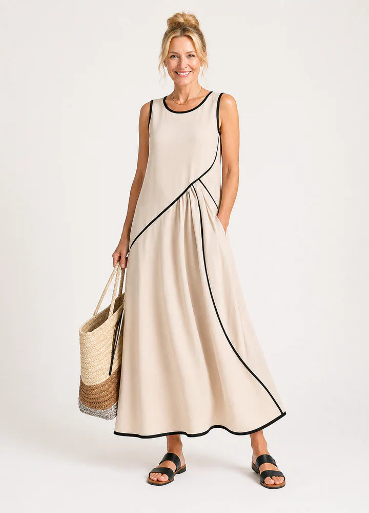 Soleia | Ärmelloses drapiertes Maxikleid mit Rundhalsausschnitt