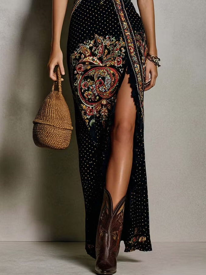Trendé™ | Amelie Boho-Maxikleid mit Print, V-Ausschnitt und hohem Schlitz