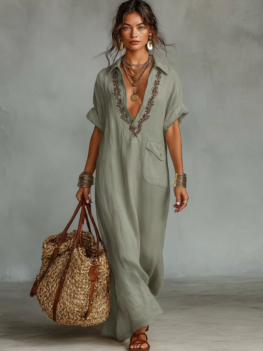 Trendé™ | Maya Leinenmix-Maxikleid mit kurzen Ärmeln und Stickerei