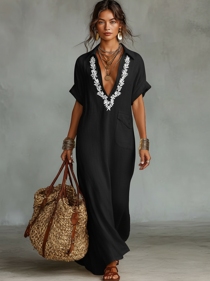 Trendé™ | Maya Leinenmix-Maxikleid mit kurzen Ärmeln und Stickerei