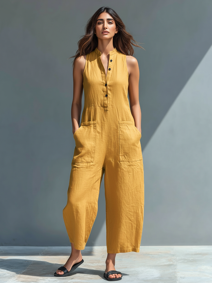 Trendé™ | Livia Ärmelloser Jumpsuit mit hohem Kragen und Knöpfen