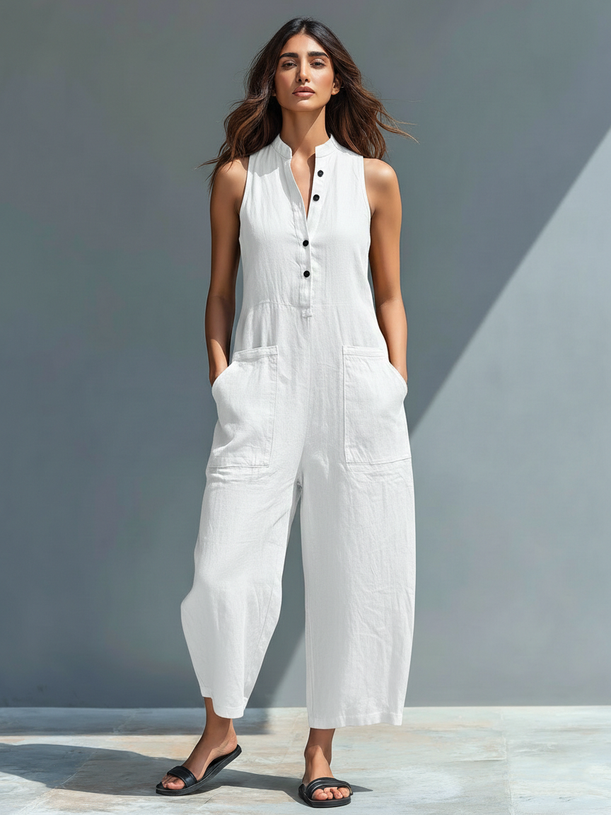 Trendé™ | Livia Ärmelloser Jumpsuit mit hohem Kragen und Knöpfen