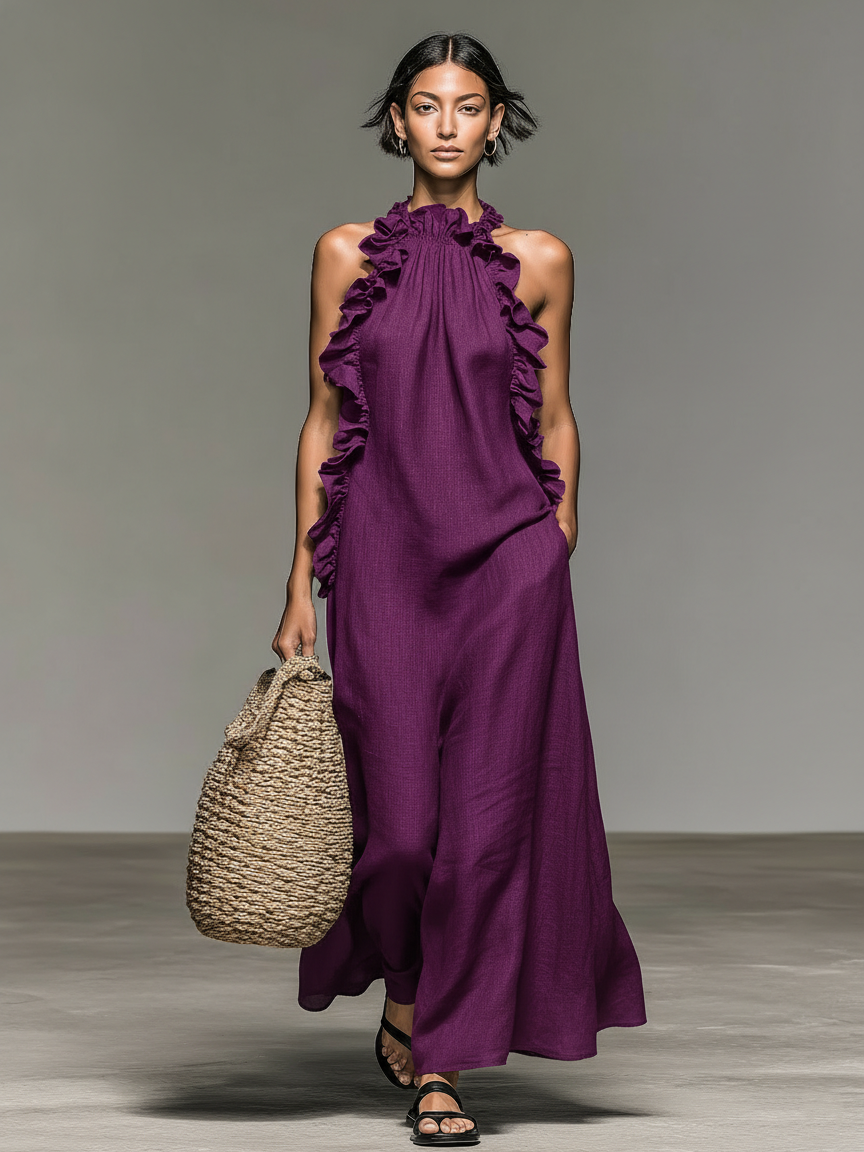 Trendé™ | Gina Leinenmix-Maxikleid mit ärmellosem Schnitt und Volants