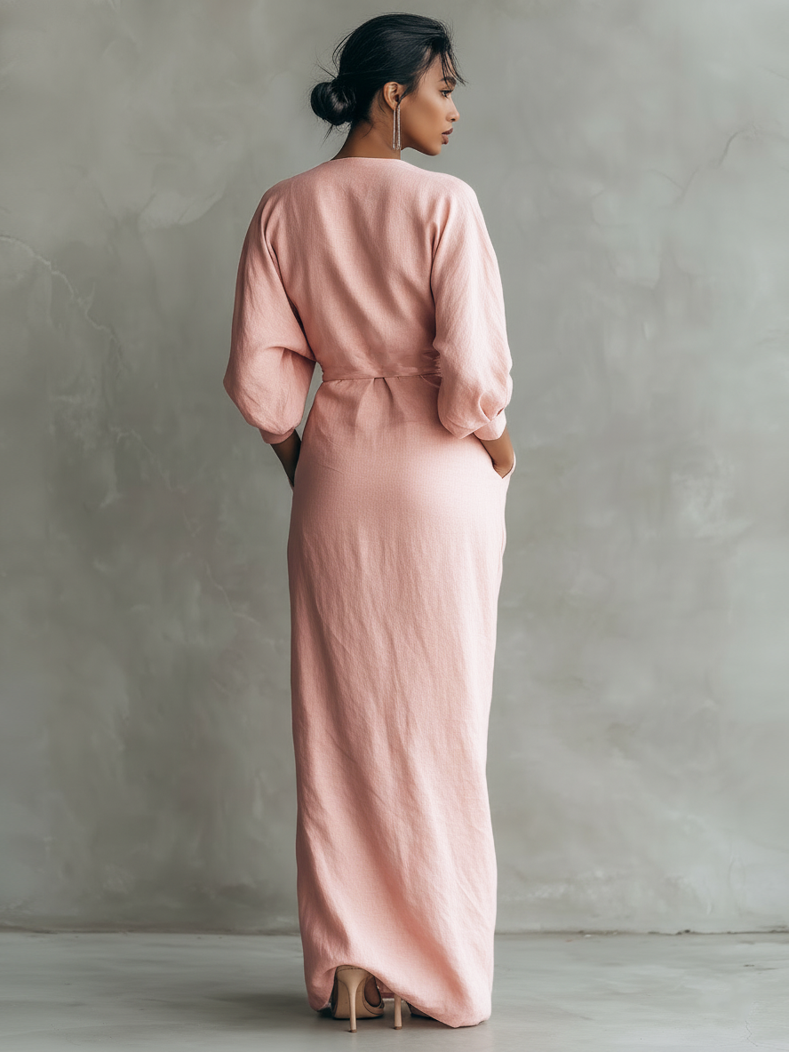 Trendé™ | Elina Leinenmix-Maxikleid mit V-Ausschnitt und minimalistischem Stil