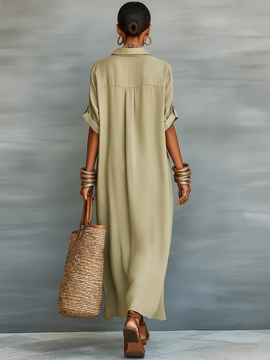 Trendé™ | Aurora Leinenmix-Maxikleid mit kurzen Ärmeln und minimalistischem Stil